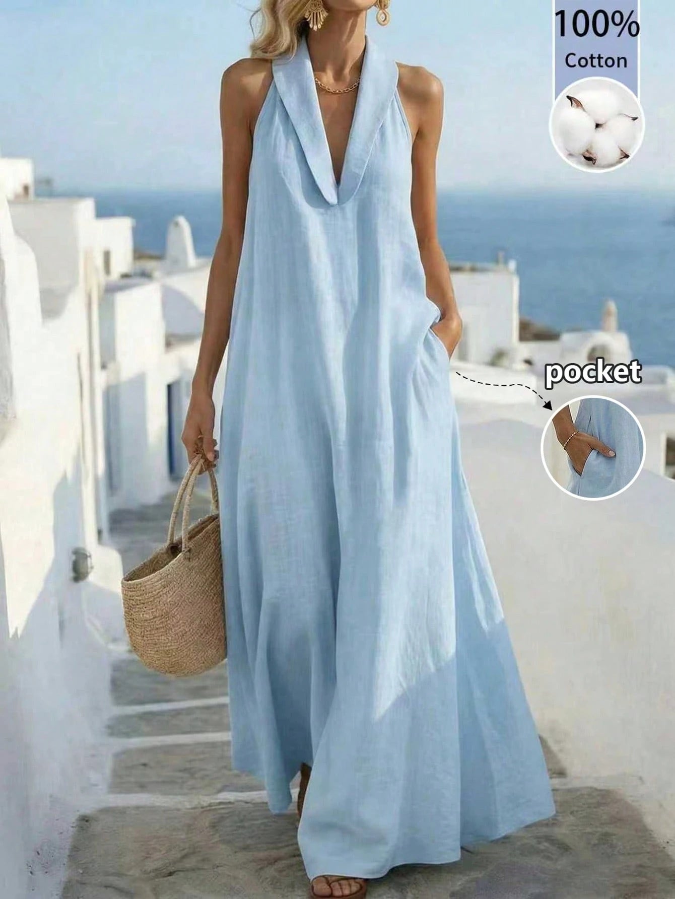 Balvessa Loose Elegant Retro Relaxed Vacation Island Travel A-Line Sleeveless Dress For Women
