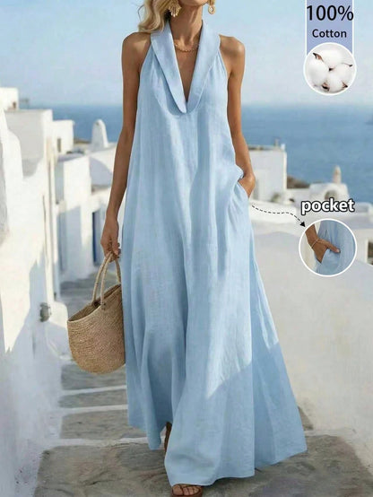 Balvessa Loose Elegant Retro Relaxed Vacation Island Travel A-Line Sleeveless Dress For Women
