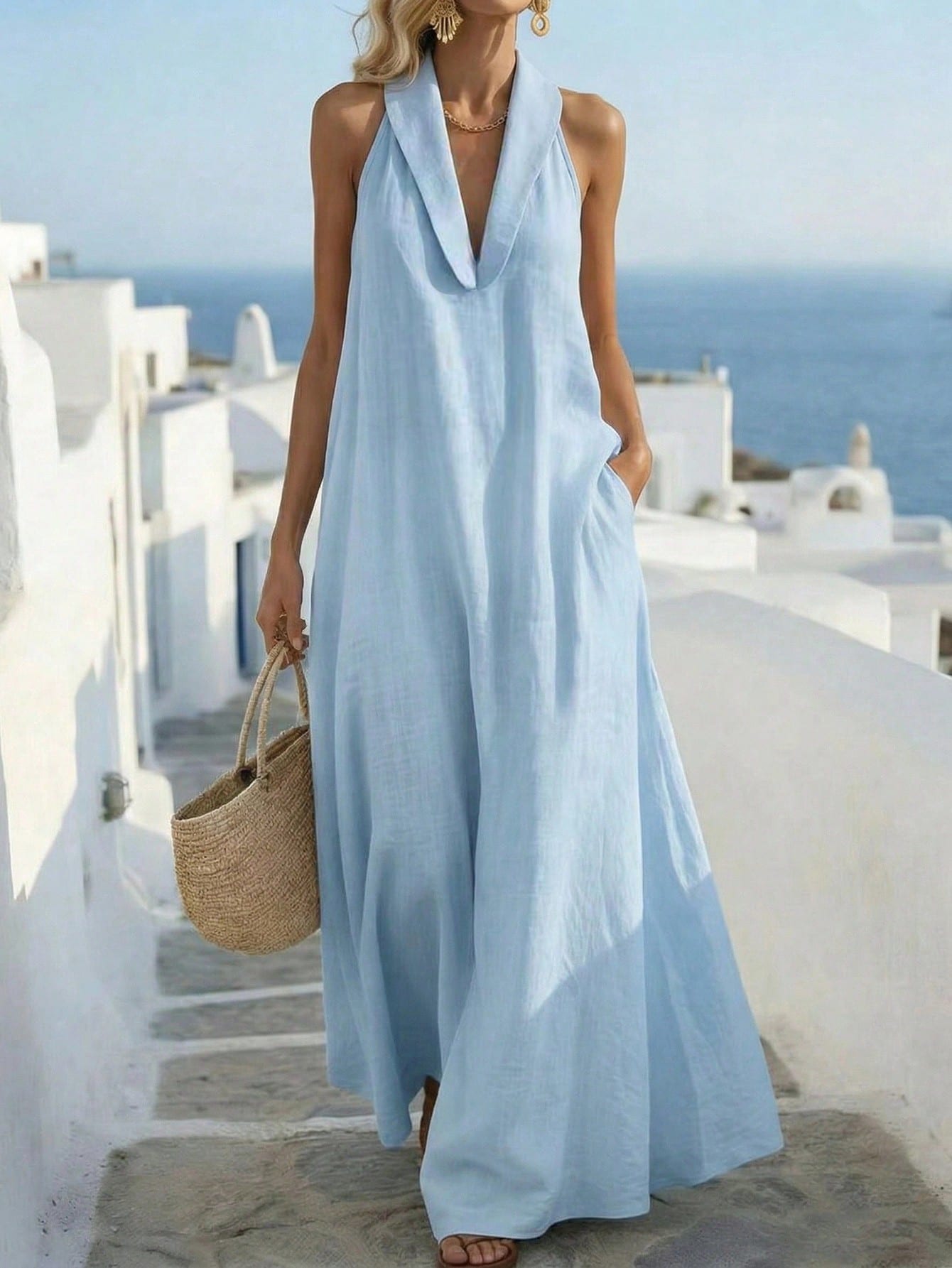 Balvessa Loose Elegant Retro Relaxed Vacation Island Travel A-Line Sleeveless Dress For Women