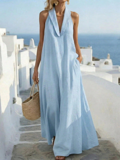 Balvessa Loose Elegant Retro Relaxed Vacation Island Travel A-Line Sleeveless Dress For Women