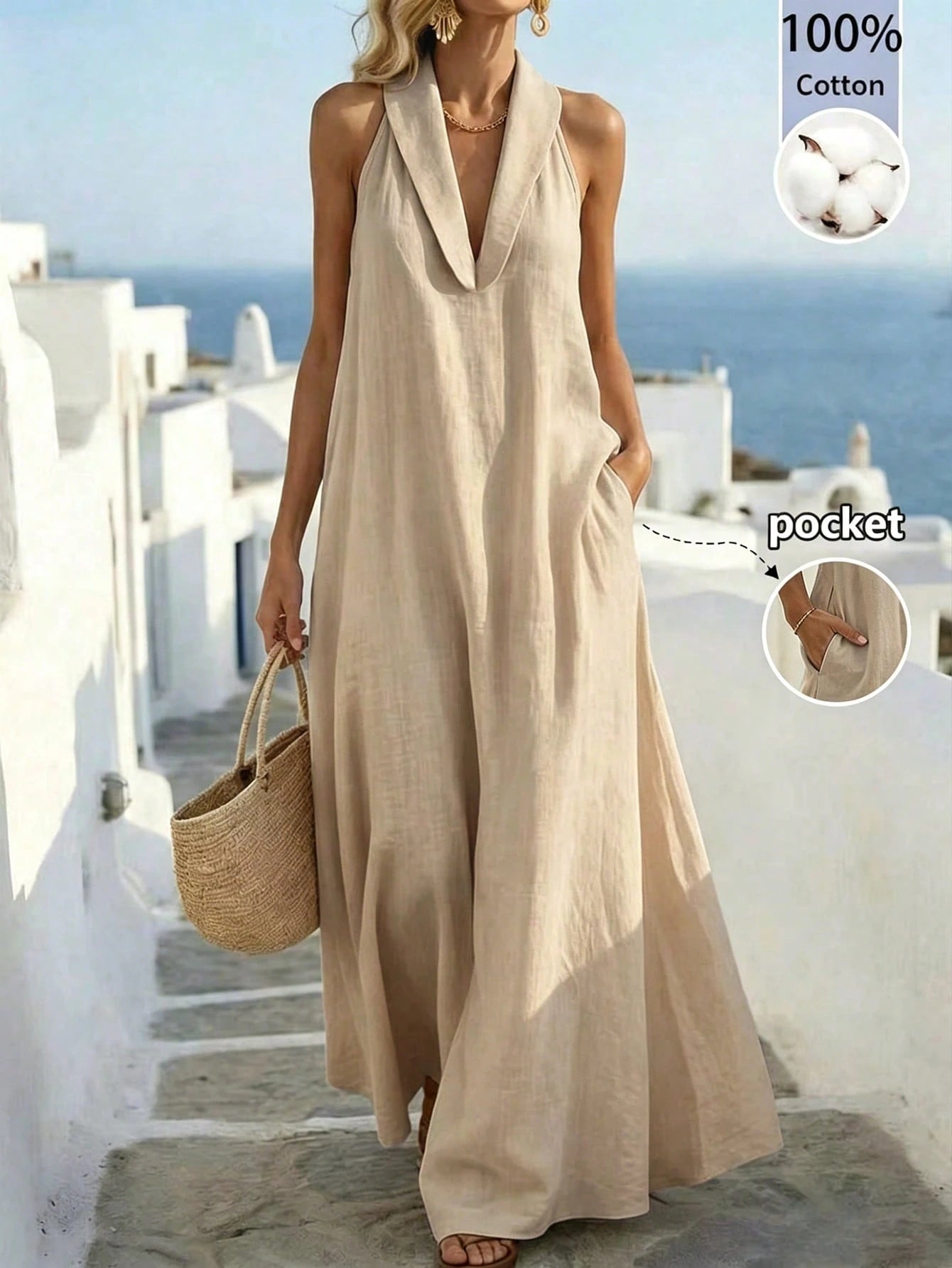 Balvessa Loose Elegant Retro Relaxed Vacation Island Travel A-Line Sleeveless Dress For Women