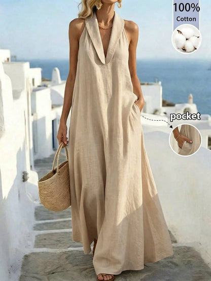 Balvessa Loose Elegant Retro Relaxed Vacation Island Travel A-Line Sleeveless Dress For Women