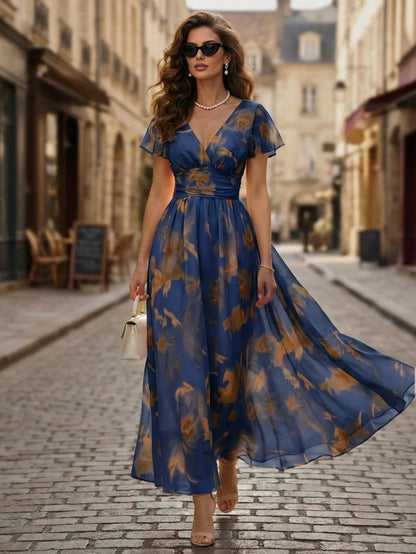 Balvessa V-Neck Elegant Ruffle Hem Floral Print Waist Cinched A-Line Midi Dress, Romantic & Fashionable For Holiday