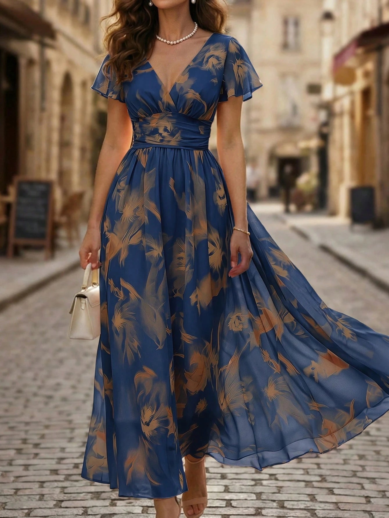 Balvessa V-Neck Elegant Ruffle Hem Floral Print Waist Cinched A-Line Midi Dress, Romantic & Fashionable For Holiday