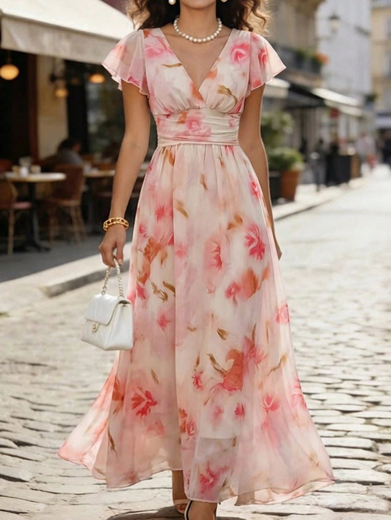 Balvessa V-Neck Elegant Ruffle Hem Floral Print Waist Cinched A-Line Midi Dress, Romantic & Fashionable For Holiday