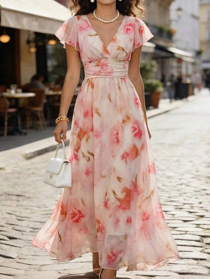 Balvessa V-Neck Elegant Ruffle Hem Floral Print Waist Cinched A-Line Midi Dress, Romantic & Fashionable For Holiday