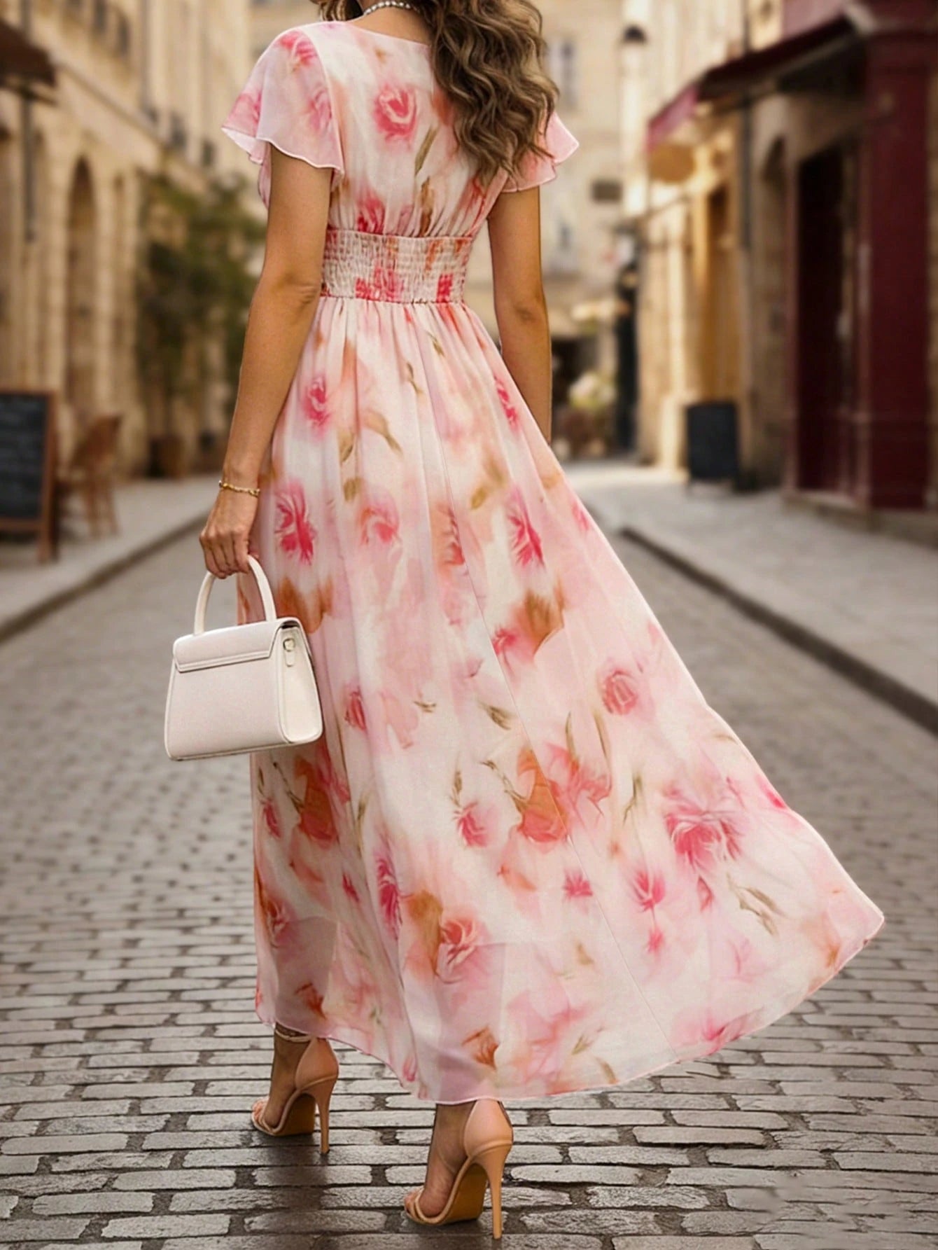 Balvessa V-Neck Elegant Ruffle Hem Floral Print Waist Cinched A-Line Midi Dress, Romantic & Fashionable For Holiday