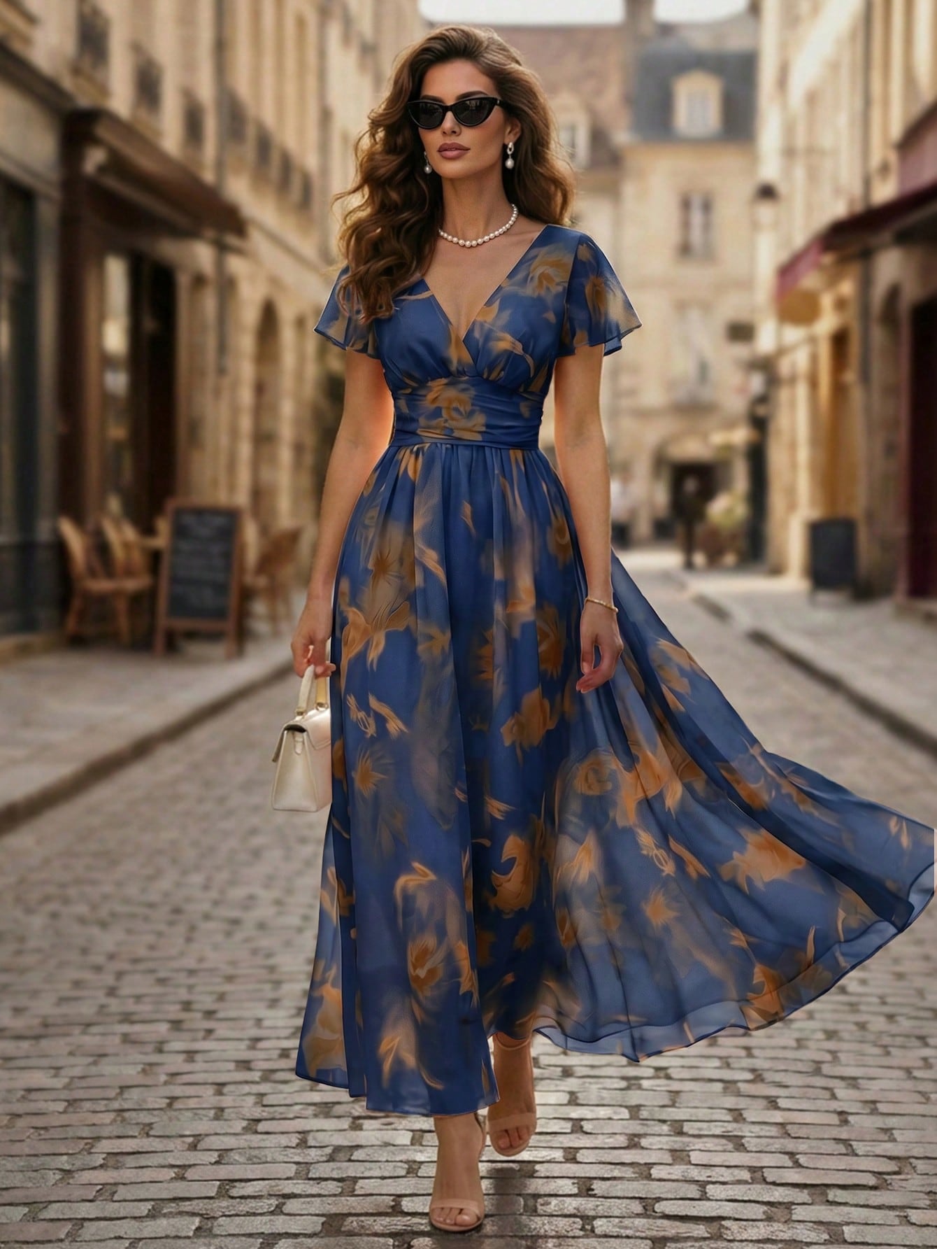 Balvessa V-Neck Elegant Ruffle Hem Floral Print Waist Cinched A-Line Midi Dress, Romantic & Fashionable For Holiday