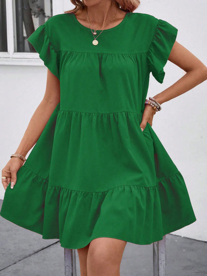 Balvessa Women Summer Solid Color Round Neck Loose Babydoll Dress With Ruffle Trim Vacation Beach Outfit