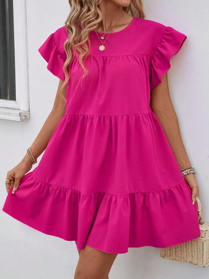Balvessa Women Summer Solid Color Round Neck Loose Babydoll Dress With Ruffle Trim Vacation Beach Outfit