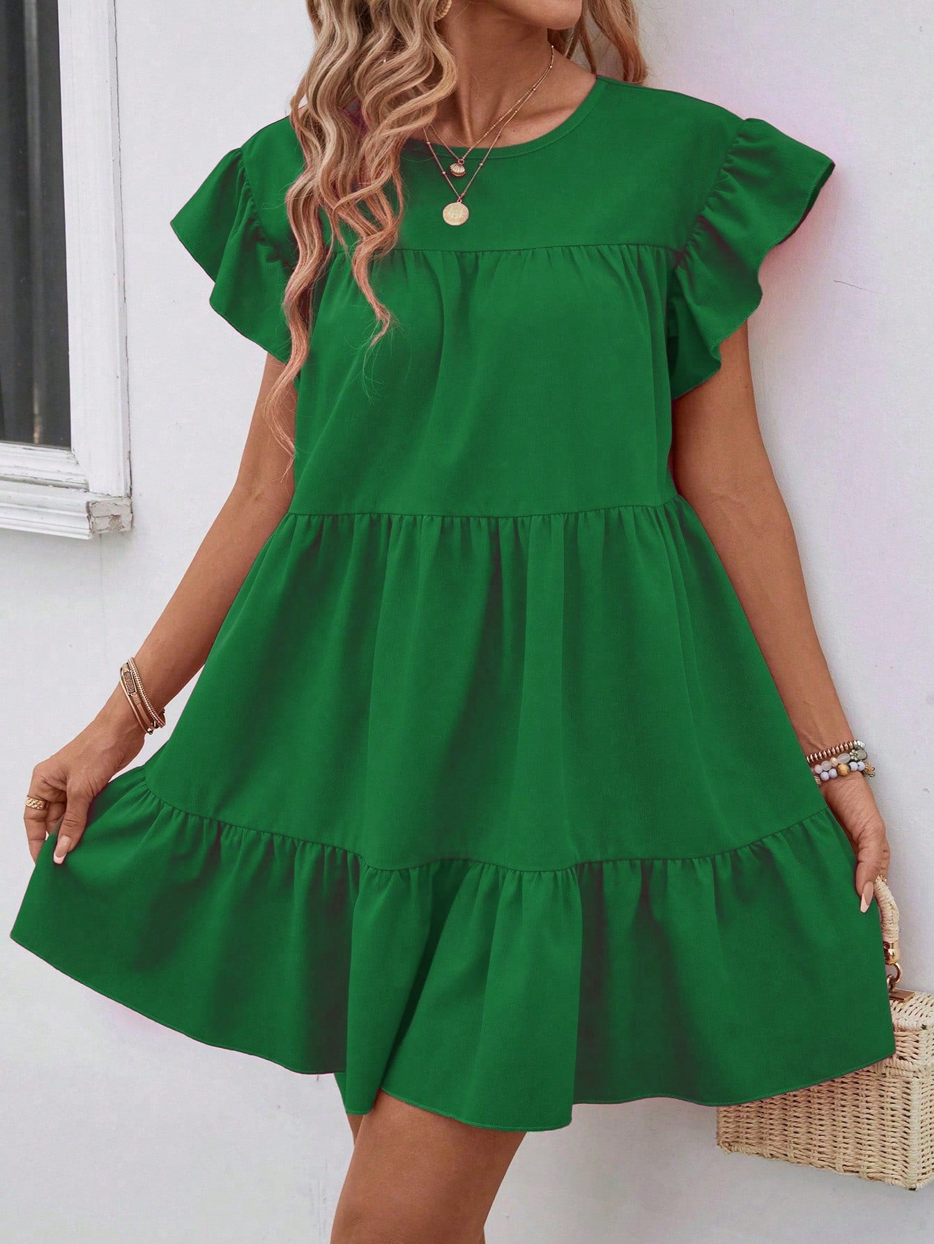 Balvessa Women Summer Solid Color Round Neck Loose Babydoll Dress With Ruffle Trim Vacation Beach Outfit