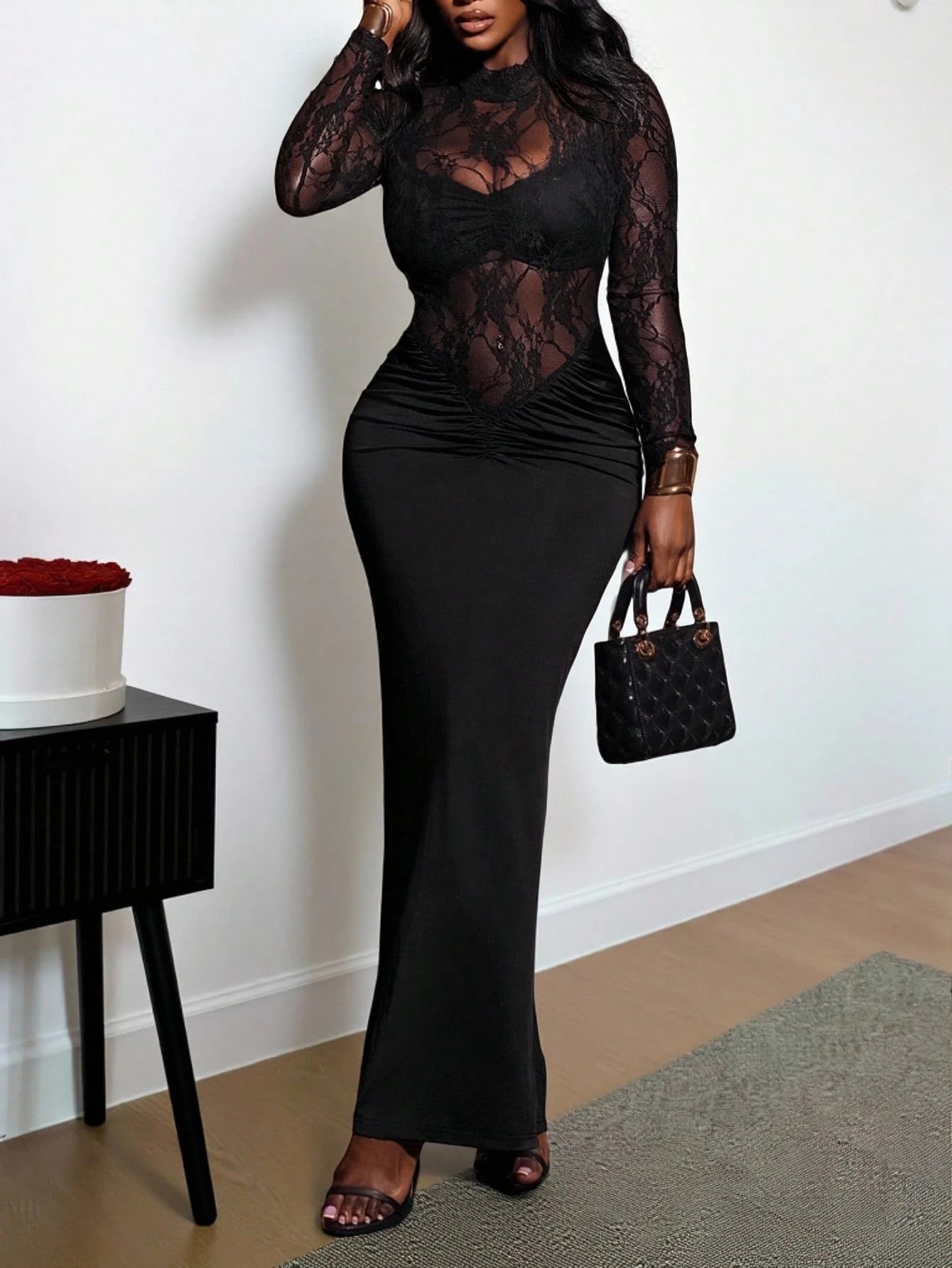 BamGleam Black Lace Long Sleeve Fitted Dress For Women,Elegant Autumn Night Out Party Dresses,Christmas New Year Eve Outfit,Long Bodycon Maxi Skirt