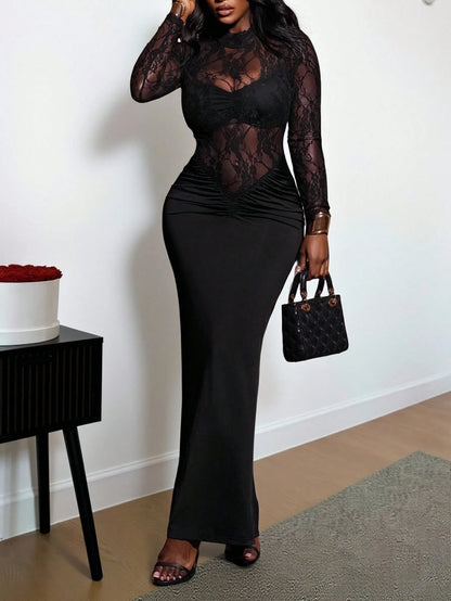BamGleam Black Lace Long Sleeve Fitted Dress For Women,Elegant Autumn Night Out Party Dresses,Christmas New Year Eve Outfit,Long Bodycon Maxi Skirt
