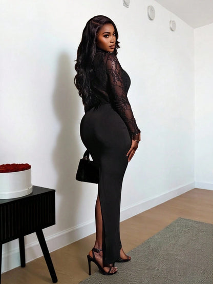 BamGleam Black Lace Long Sleeve Fitted Dress For Women,Elegant Autumn Night Out Party Dresses,Christmas New Year Eve Outfit,Long Bodycon Maxi Skirt