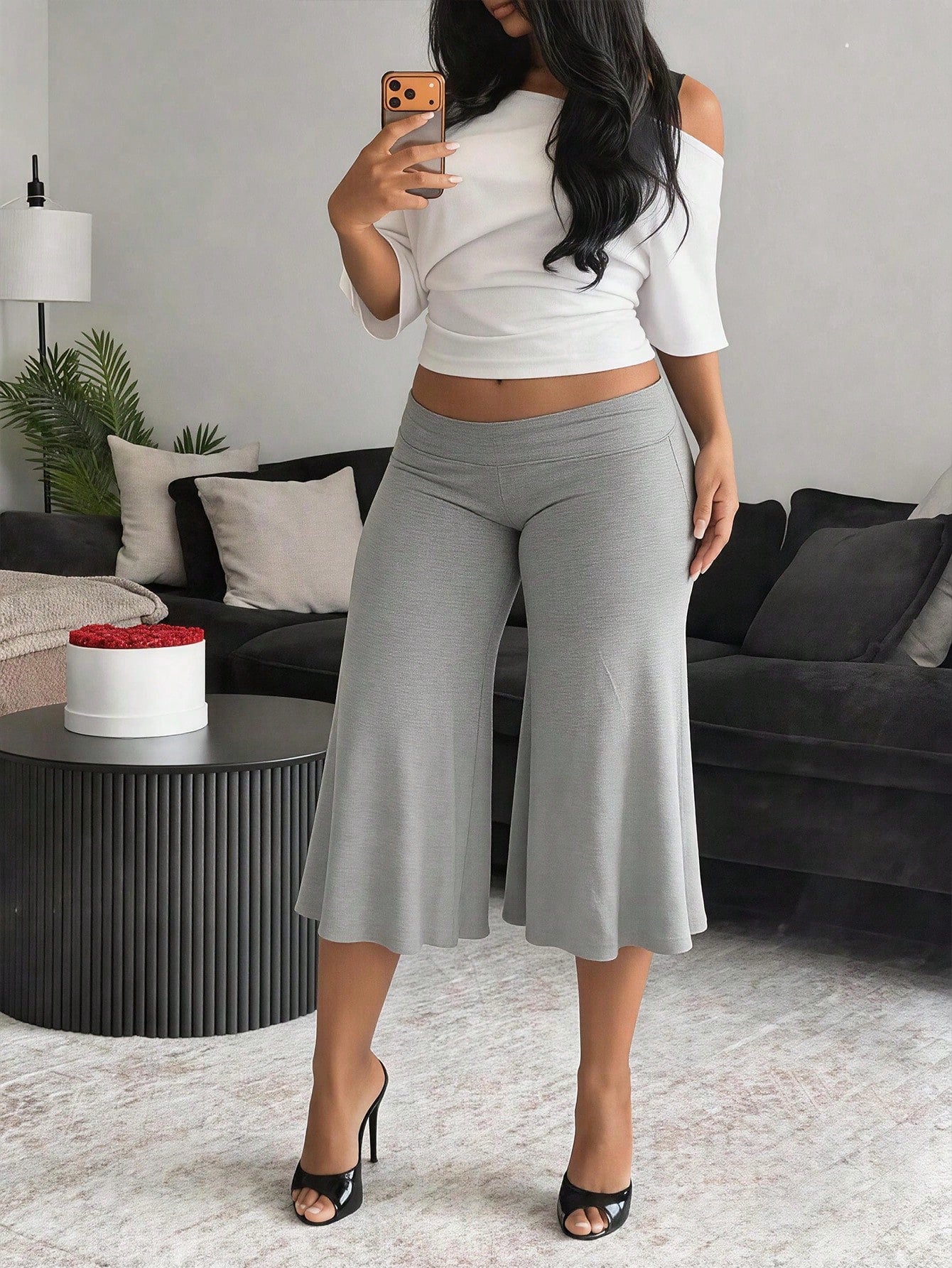 BamGleam Hot Girl Style White Asymmetrical Shoulder Short T-Shirt + White Wide Leg Capri Pants Set, Casual Style Two Pieces Set Lounge Summer