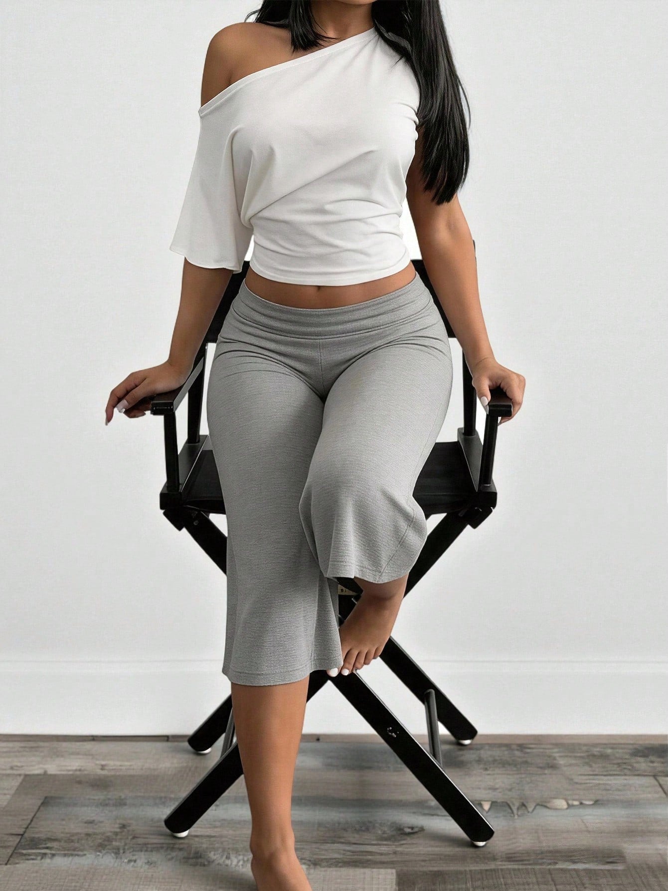 BamGleam Hot Girl Style White Asymmetrical Shoulder Short T-Shirt + White Wide Leg Capri Pants Set, Casual Style Two Pieces Set Lounge Summer