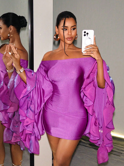 BamGleam Women's Off-Shoulder Ruched Elegant Rave Waist-Cinched Mid-Length Party Night Out Dress Deep Purple Autumn