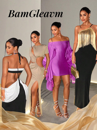 BamGleam Women's Off-Shoulder Ruched Elegant Rave Waist-Cinched Mid-Length Party Night Out Dress Deep Purple Autumn