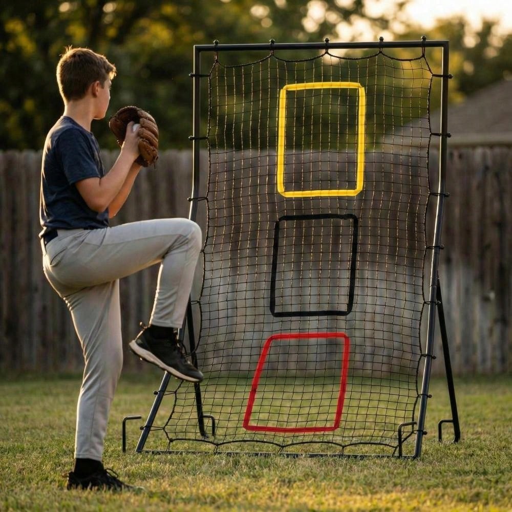 Baseball Softball Rebounder Net 6x4 FT With 3 Strike Zones, Heavy Duty Steel Frame & Ground Stakes For Backyard Training