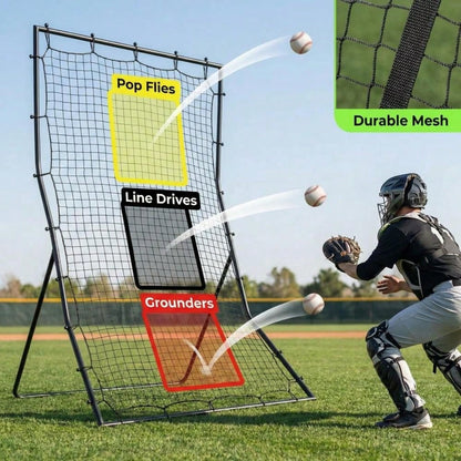Baseball Softball Rebounder Net 6x4 FT With 3 Strike Zones, Heavy Duty Steel Frame & Ground Stakes For Backyard Training