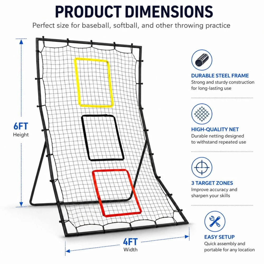 Baseball Softball Rebounder Net 6x4 FT With 3 Strike Zones, Heavy Duty Steel Frame & Ground Stakes For Backyard Training
