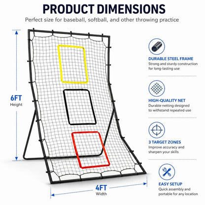 Baseball Softball Rebounder Net 6x4 FT With 3 Strike Zones, Heavy Duty Steel Frame & Ground Stakes For Backyard Training