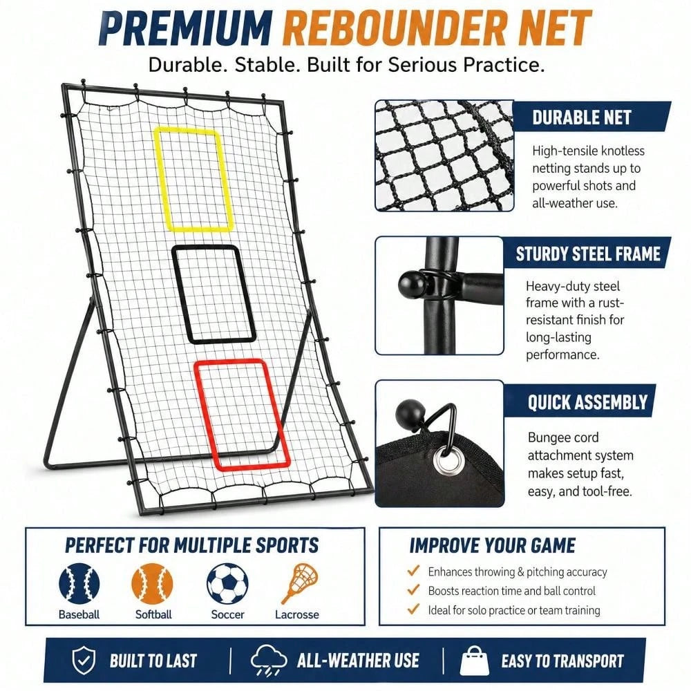 Baseball Softball Rebounder Net 6x4 FT With 3 Strike Zones, Heavy Duty Steel Frame & Ground Stakes For Backyard Training