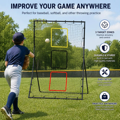 Baseball Softball Rebounder Net 6x4 FT With 3 Strike Zones, Heavy Duty Steel Frame & Ground Stakes For Backyard Training