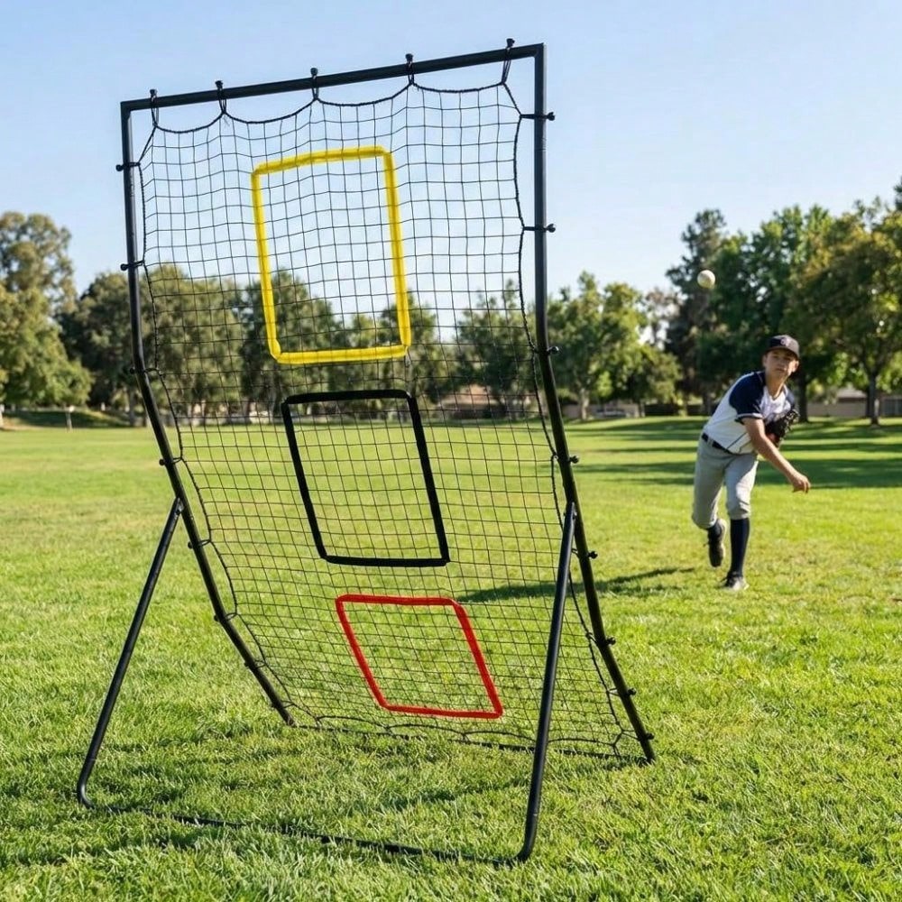 Baseball Softball Rebounder Net 6x4 FT With 3 Strike Zones, Heavy Duty Steel Frame & Ground Stakes For Backyard Training