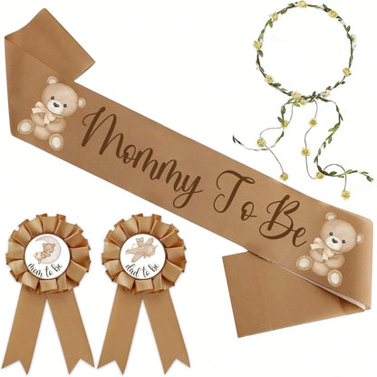 Bear Theme Mom To Be Sash For Baby Shower Decorations Dad To Be Pin And Flower Crown Headband Cute Satin Baby Shower Sash For Gender Reveals Party Favors Pregnancy Props Keepsake (Brown)