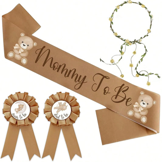 Bear Theme Mom To Be Sash For Baby Shower Decorations Dad To Be Pin And Flower Crown Headband Cute Satin Baby Shower Sash For Gender Reveals Party Favors Pregnancy Props Keepsake (Brown)