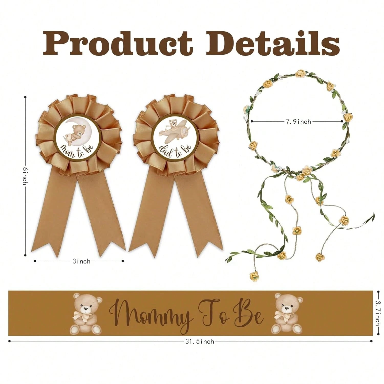 Bear Theme Mom To Be Sash For Baby Shower Decorations Dad To Be Pin And Flower Crown Headband Cute Satin Baby Shower Sash For Gender Reveals Party Favors Pregnancy Props Keepsake (Brown)