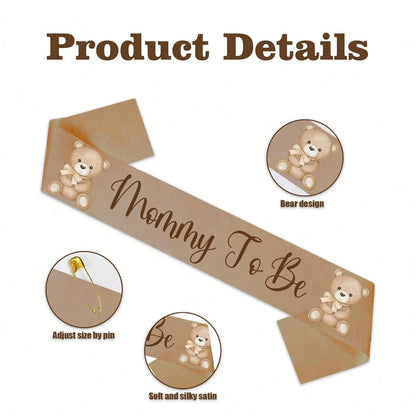 Bear Theme Mom To Be Sash For Baby Shower Decorations Dad To Be Pin And Flower Crown Headband Cute Satin Baby Shower Sash For Gender Reveals Party Favors Pregnancy Props Keepsake (Brown)