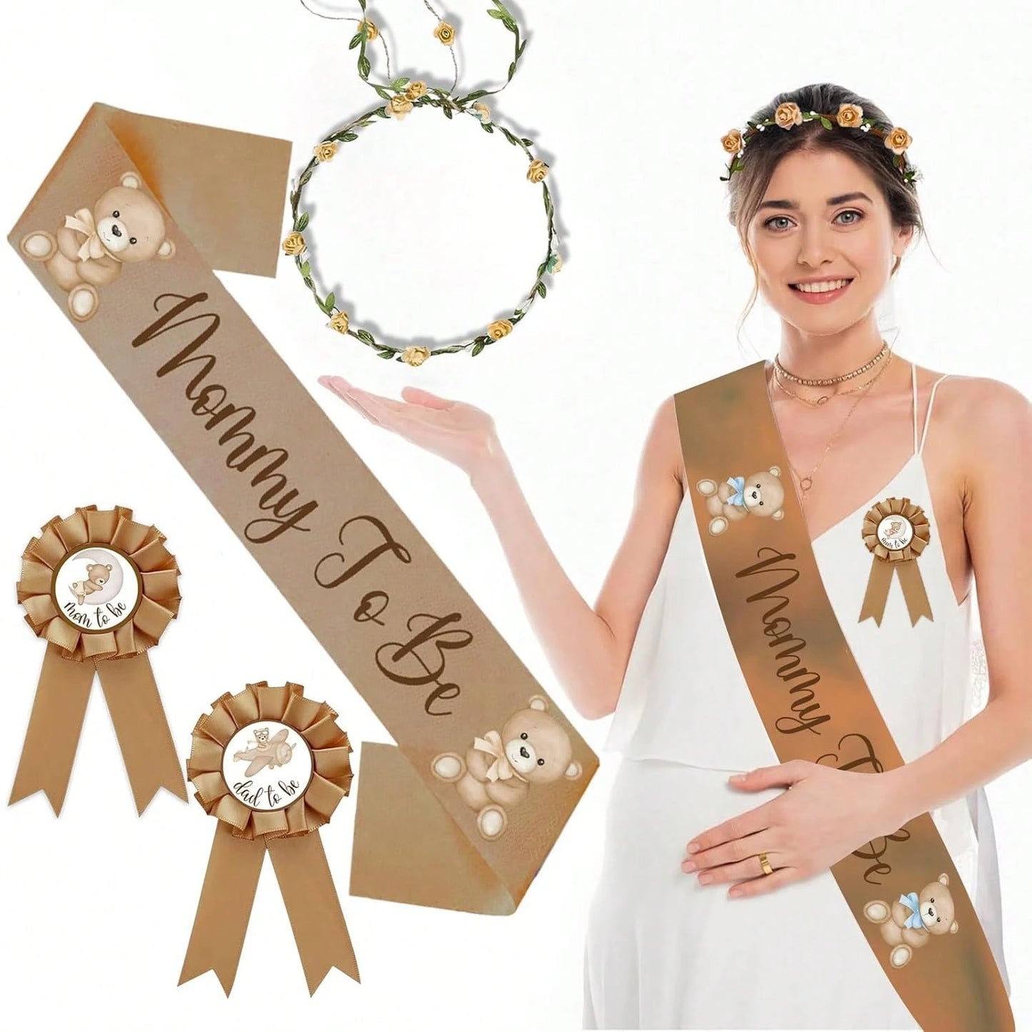 Bear Theme Mom To Be Sash For Baby Shower Decorations Dad To Be Pin And Flower Crown Headband Cute Satin Baby Shower Sash For Gender Reveals Party Favors Pregnancy Props Keepsake (Brown)