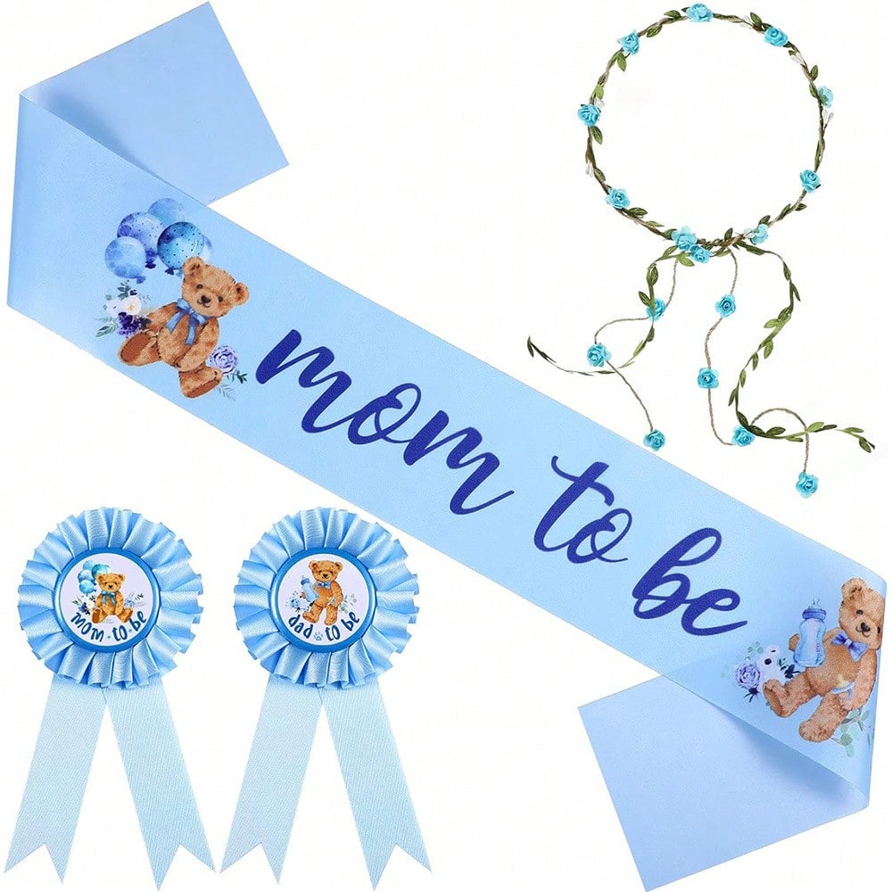 Bear Theme Mom To Be Sash For Baby Shower Decorations Dad To Be Pin And Flower Crown Headband Cute Satin Baby Shower Sash For Gender Reveals Party Favors Pregnancy Props Keepsake (Brown)
