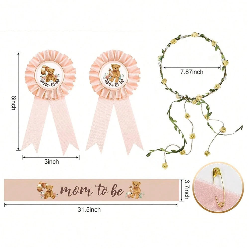 Bear Theme Mom To Be Sash For Baby Shower Decorations Dad To Be Pin And Flower Crown Headband Cute Satin Baby Shower Sash For Gender Reveals Party Favors Pregnancy Props Keepsake (Brown)