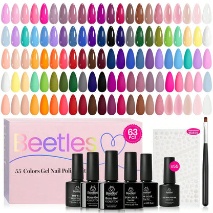 Beetles 55 Colors Spring Gel Nail Polish Set- Vibrant Holiday Kit With Base, Glossy & Matte Top Coat, UV LED Soak Off, Red Brown Pink Green Blue, Easter Gifts For Women