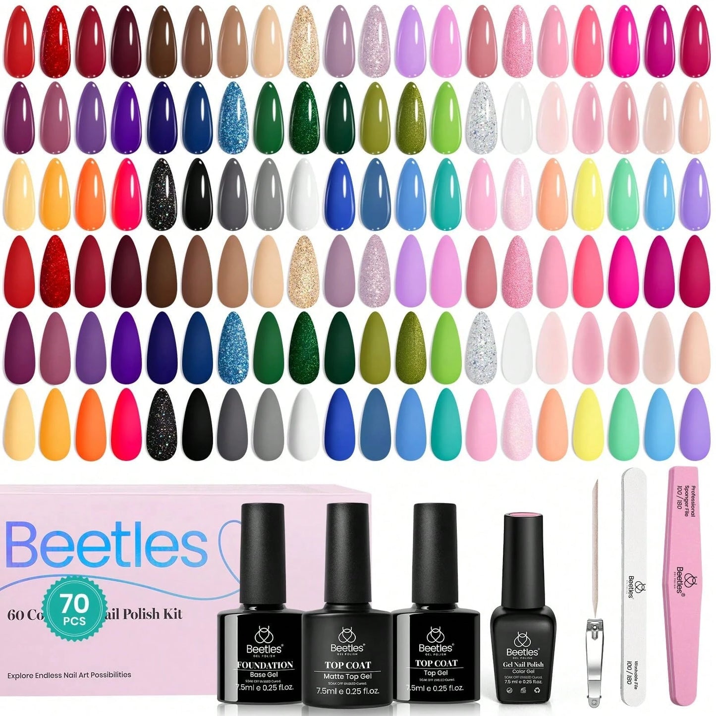 Beetles 55 Colors Spring Gel Nail Polish Set- Vibrant Holiday Kit With Base, Glossy & Matte Top Coat, UV LED Soak Off, Red Brown Pink Green Blue, Easter Gifts For Women