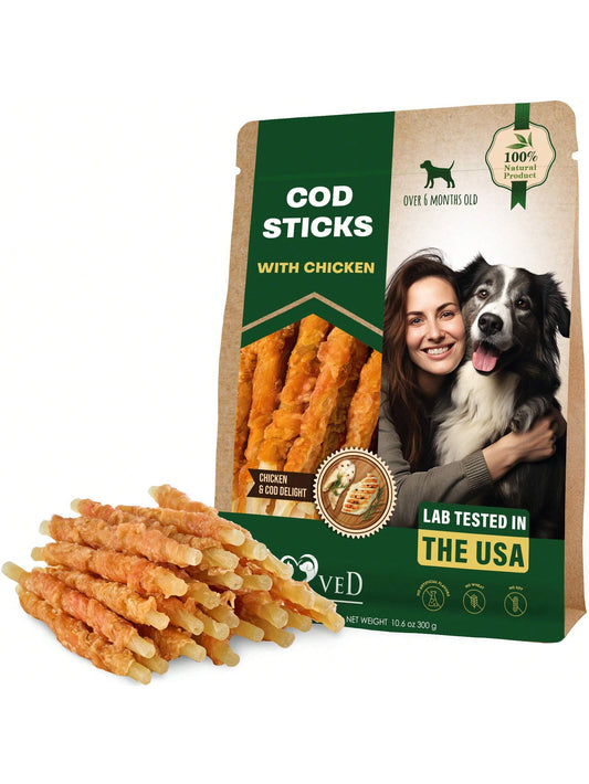 Beloved Pets Cod Sticks Dog Treats Chicken Wrapped- Natural Rawhide- Free & Grain Free Long Lasting Chews For Large & Small Dogs- Support Healthy Teeth & Skin Coat- Lab Tested In The USA