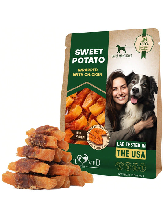 Beloved Pets Dog Sweet Potato Wrapped With Chicken & Pet Natural Chew Treats- Grain Free Meat & Human Grade Dried Snacks In Bulk- Best Twists For Training Small & Large Dogs (Sweet Potato)- Lab Tes