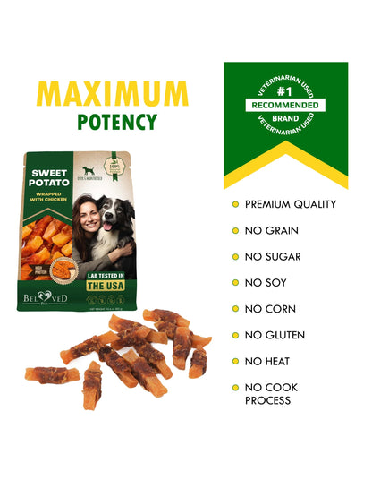 Beloved Pets Dog Sweet Potato Wrapped With Chicken & Pet Natural Chew Treats- Grain Free Meat & Human Grade Dried Snacks In Bulk- Best Twists For Training Small & Large Dogs (Sweet Potato)- Lab Tes