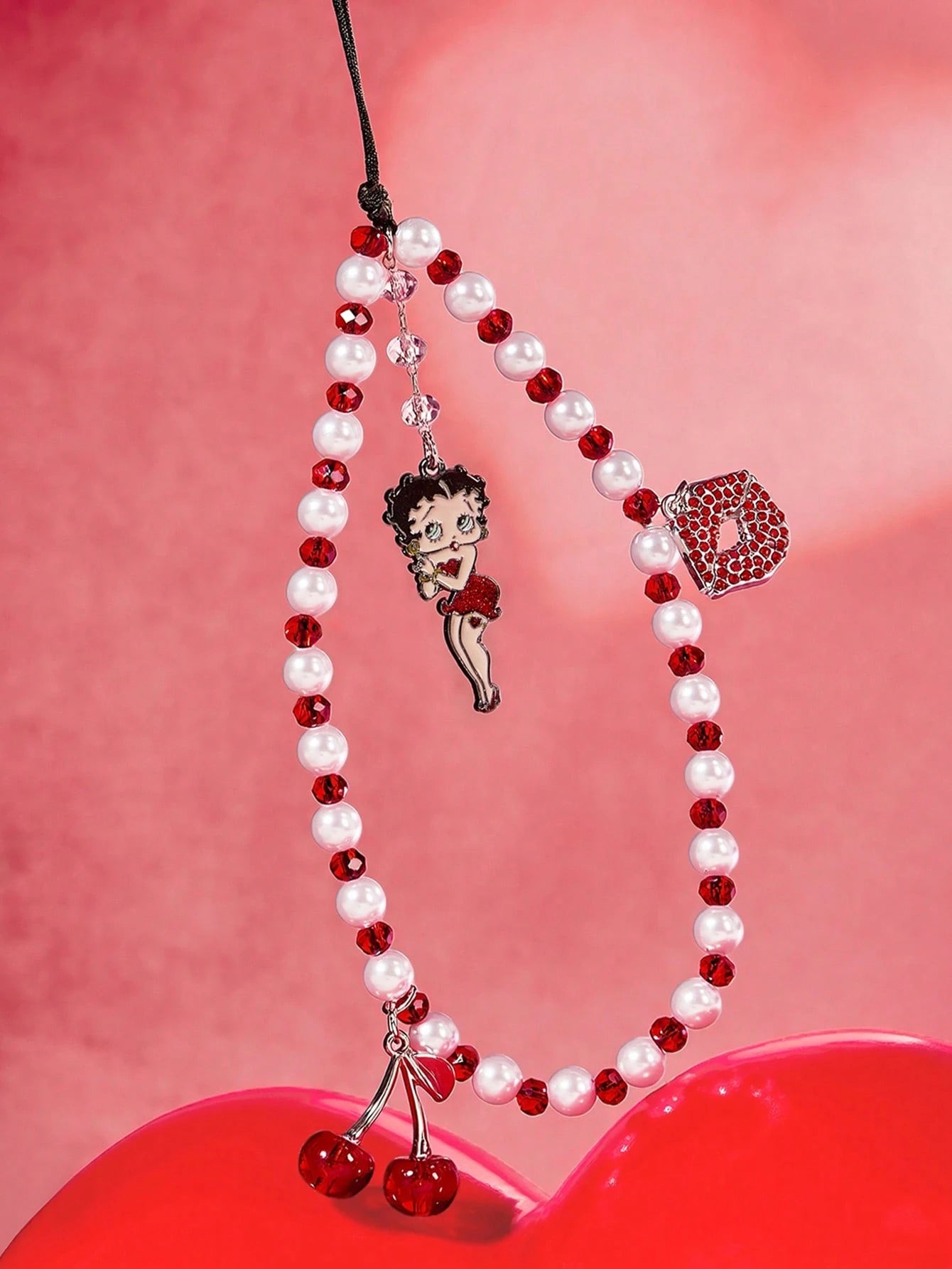 Betty Boop x Fashion Zinc Alloy Red White Handmade Beaded Mobile Phone Chain Ladies Sweet Mobile Phone Lanyard Mobile Phone Charm, Love, Love, Kiss,Gift Ideas,Party,Holiday,Valentine's Day
