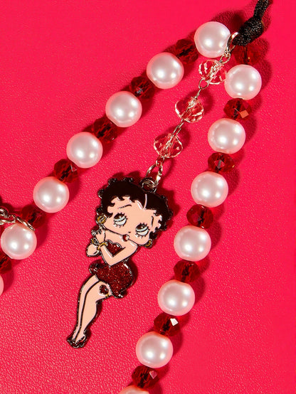 Betty Boop x Fashion Zinc Alloy Red White Handmade Beaded Mobile Phone Chain Ladies Sweet Mobile Phone Lanyard Mobile Phone Charm, Love, Love, Kiss,Gift Ideas,Party,Holiday,Valentine's Day
