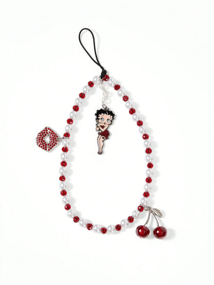 Betty Boop x Fashion Zinc Alloy Red White Handmade Beaded Mobile Phone Chain Ladies Sweet Mobile Phone Lanyard Mobile Phone Charm, Love, Love, Kiss,Gift Ideas,Party,Holiday,Valentine's Day