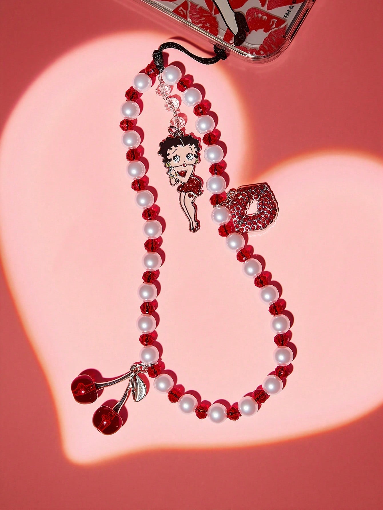 Betty Boop x Fashion Zinc Alloy Red White Handmade Beaded Mobile Phone Chain Ladies Sweet Mobile Phone Lanyard Mobile Phone Charm, Love, Love, Kiss,Gift Ideas,Party,Holiday,Valentine's Day