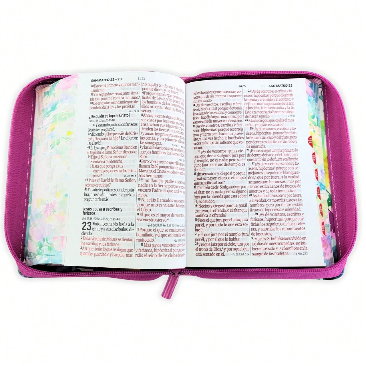 Biblia Con Cierre Para Mujer Portatil Letra Grande 12 Puntos RV1960, Imit Piel Fucsia Flores Acuarela Con Indice Y Canto Floral