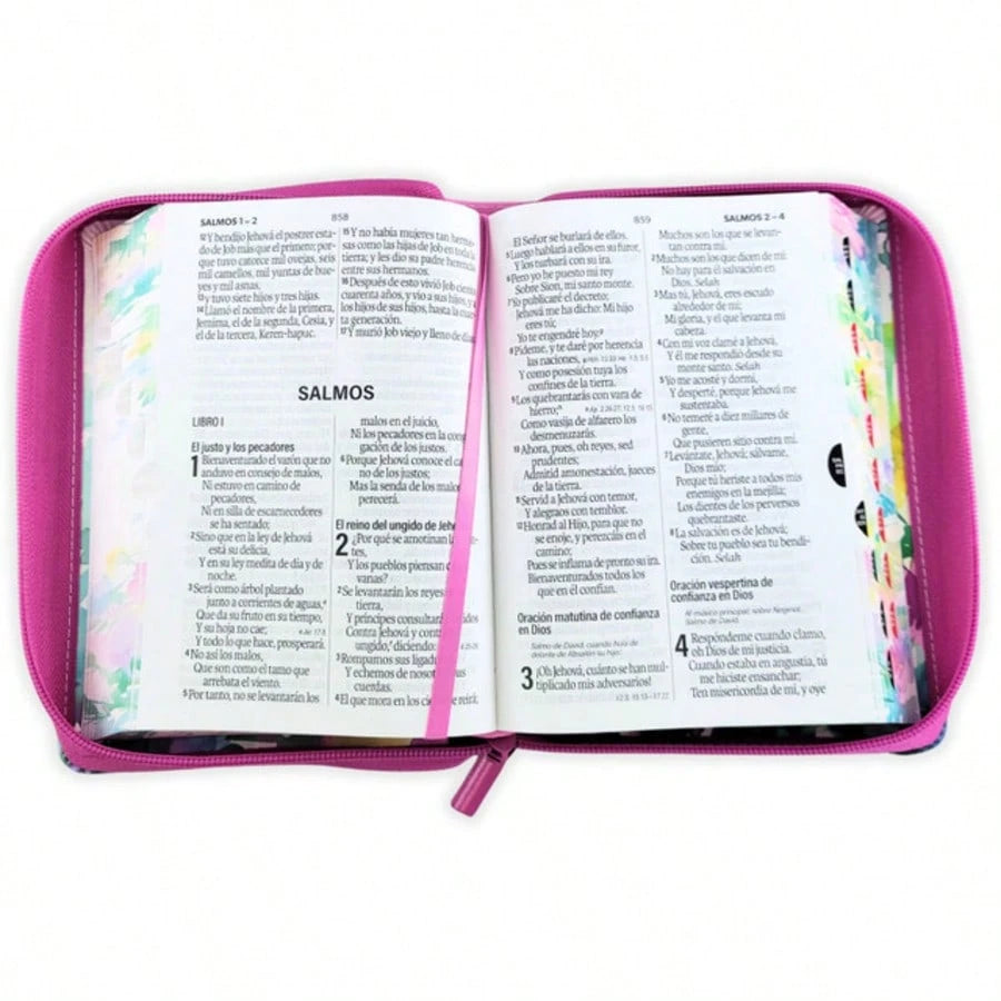 Biblia Con Cierre Para Mujer Portatil Letra Grande 12 Puntos RV1960, Imit Piel Fucsia Flores Acuarela Con Indice Y Canto Floral