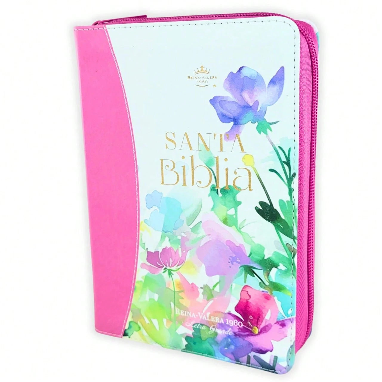 Biblia Con Cierre Para Mujer Portatil Letra Grande 12 Puntos RV1960, Imit Piel Fucsia Flores Acuarela Con Indice Y Canto Floral