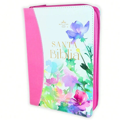 Biblia Con Cierre Para Mujer Portatil Letra Grande 12 Puntos RV1960, Imit Piel Fucsia Flores Acuarela Con Indice Y Canto Floral