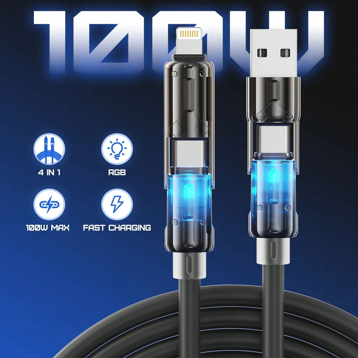 BinBoom 4 In 1 USB Charging Cable (3.3FT/3.9FT/6.6FT) With Breathing Light, USB A/C To C/L Multi Charging Cable For Phone 16 15 Pro Max, IPad Pro Air, SamSungS24, Phone 14 13 12